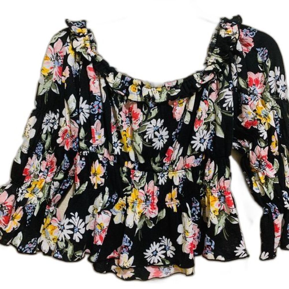 Forever 21 black top women floral  smock waist crop top size M boho streetwear - Picture 2 of 8